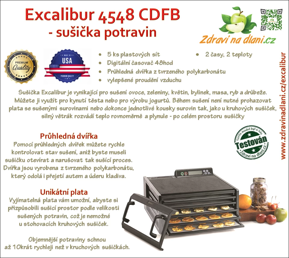 Sušička potravin Excalibur 4548 CDFB, 5 plastových sít, digitální časovač - ORIGINAL