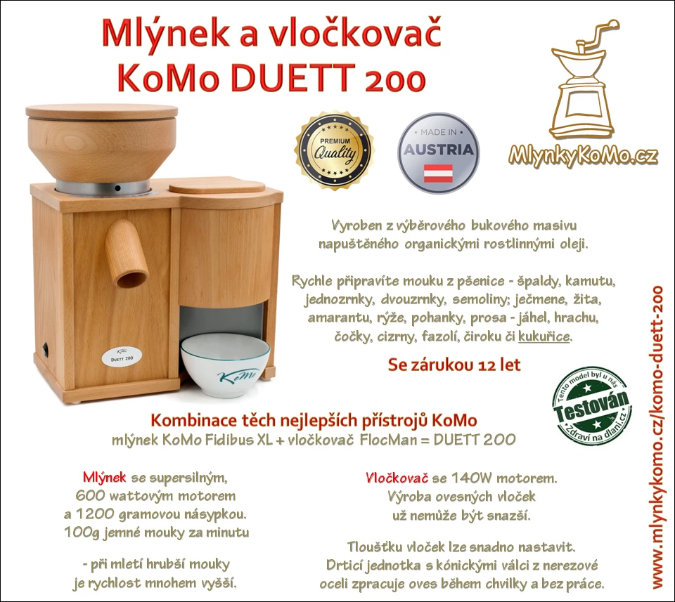 KoMo Duett 200 - el. mlýnek na obilí, motor 600W + el. vločkovač - Originál